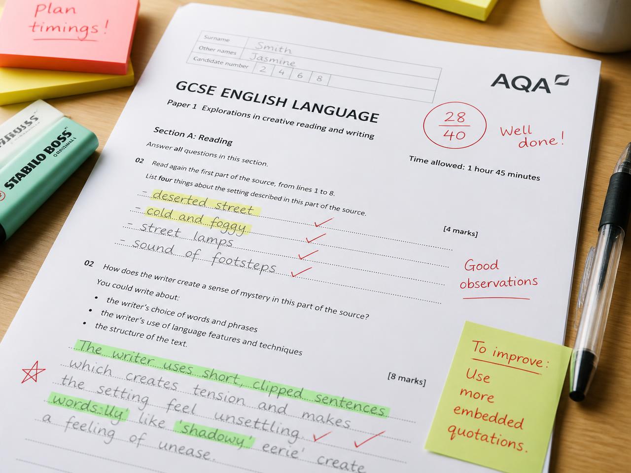 A marked GCSE English exam paper with highlighted answers and examiner feedback